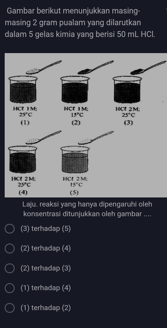 Gambar berikut menunjukkan masing-
masing 2 gram pualam yang dilarutkan
dalam 5 gelas kimia yang berisi 50 mL HCl.
Laju. reaksi yang hanya dipengaruhi oleh
konsentrasi ditunjukkan oleh gambar ....
(3) terhadap (5)
(2) terhadap (4)
(2) terhadap (3)
(1) terhadap (4)
(1) terhadap (2)