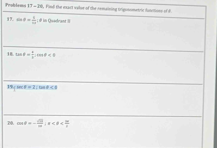 Problems 17 - 20, Find the exact va
1