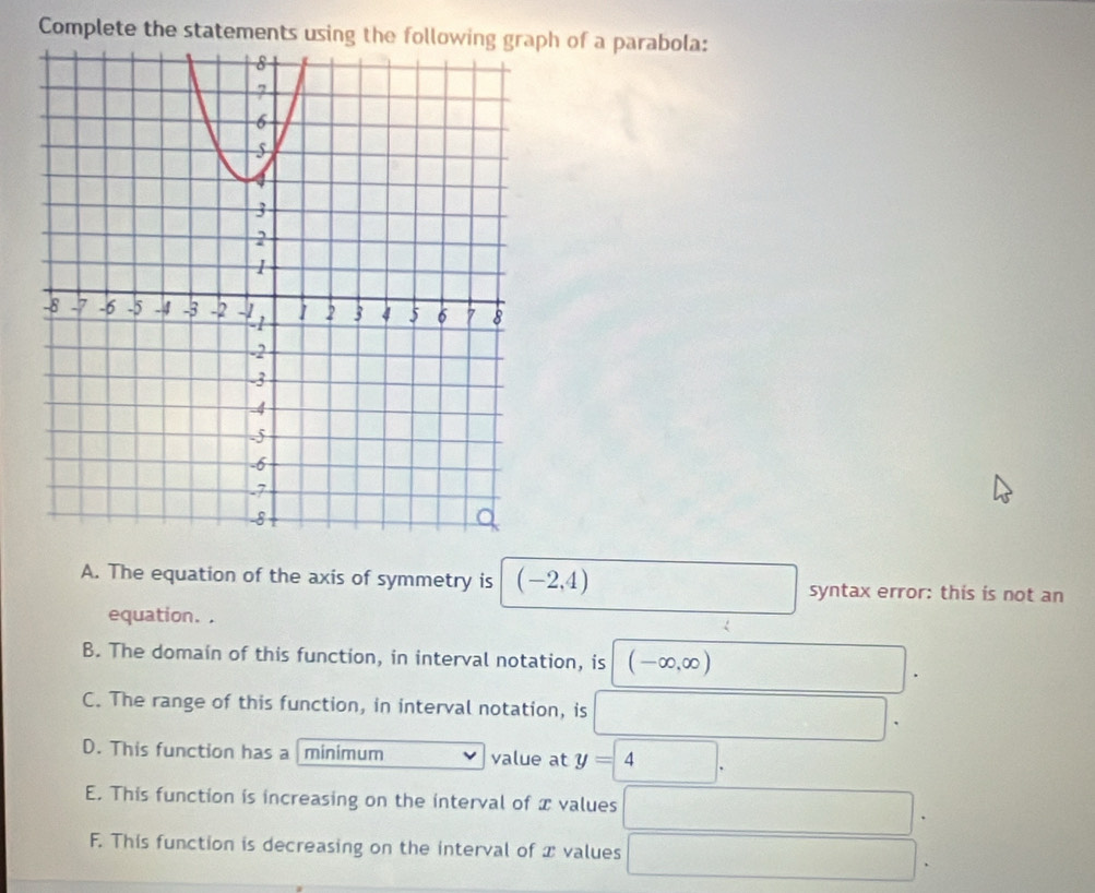 Complete the statements using the following graph of a parabola:
A. The equation of the axis of symmetry is (-2,4) □ syntax error: this is not an
equation. .
B. The domain of this function, in interval notation, is (-∈fty ,∈fty ) ,. ^□ 
C. The range of this function, in interval notation, is x_□  ()
D. This function has a minimum value at y= 4.
E. This function is increasing on the interval of x values □
F. This function is decreasing on the interval of x values □