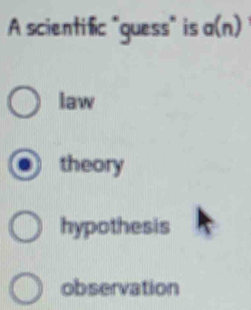 A scientific "guess" is a(n)
law
theory
hypothesis
observation