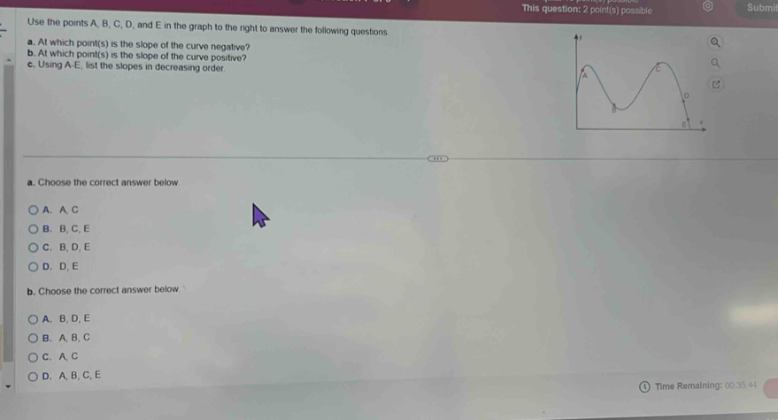 This question: 2 point(s) possible Submi
Use the points A, B, C, D, and E in the graph to the right to answer the following questions
a. At which point(s) is the slope of the curve negative?
b. At which point(s) is the slope of the curve positive?
c. Using A-E, list the slopes in decreasing order.

a. Choose the correct answer below
A. A C
B. B, C, E
C. B, D, E
D. D, E
b. Choose the correct answer below
A. B. D, E
B. A, B, C
C. A, C
D. A, B, C, E
Time Remaining: (0:35.4-)