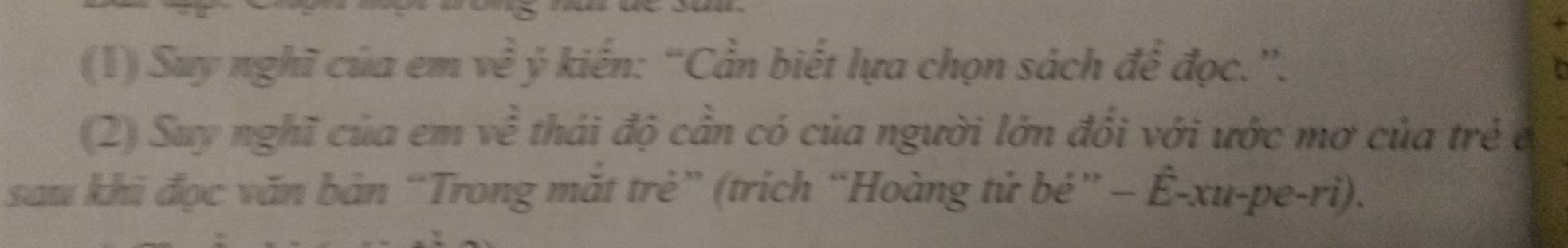 (1) Suy nghĩ của em về ý kiến: “Cần biết lựa chọn sách để đọc.”. 
(2) Suy nghĩ của em về thái độ cần có của người lớn đối với ước mơ của trẻ e 
sam khi đọc văn bản “Trong mắt trẻ” (trích “Hoàng tử bé” - Ê-xu-pe-ri).