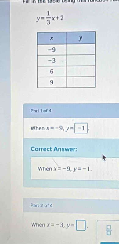 Fill iK the table Using this fonct
y= 1/3 x+2
Part 1 of 4 
When x=-9, y=-1. 
Correct Answer: 
When x=-9, y=-1. 
Part 2 of 4 
When x=-3, y=□.  □ /□  