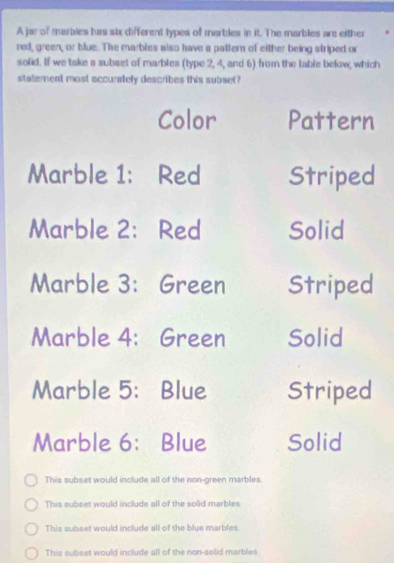 A jar of marbles has six different types of marbles in it. The marbles are either
red, green, or blue. The marbles also have a pattern of either being striped or
solid. If we take a subset of marbles (type 2, 4, and 6) from the table below, which
statement most accurately describes this subset?
Color Pattern
Marble 1: Red Striped
Marble 2: Red Solid
Marble 3: Green Striped
Marble 4: Green Solid
Marble 5: Blue Striped
Marble 6: Blue Solid
This subset would include all of the non-green marbles.
This subset would include all of the solid marbles
This subset would include all of the blue marbles.
This subset would include all of the non-solid marbles