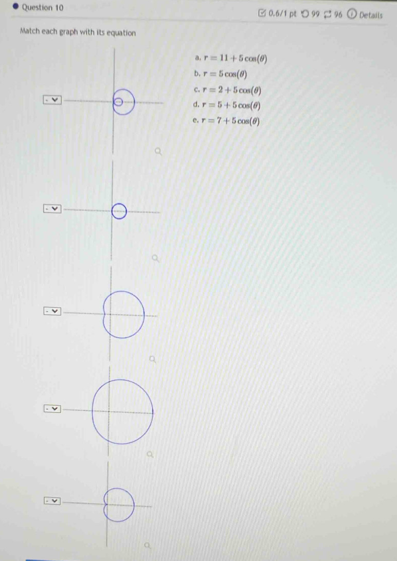 □ 0.6/1 pt つ 99 96 a Details
Match each graph with its equation
a. r=11+5cos (θ )
b. r=5cos (θ )
c. r=2+5cos (θ )
d. r=5+5cos (θ )
e. r=7+5cos (θ )