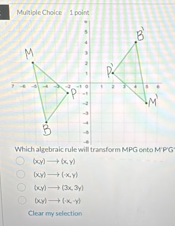 (x,y)to (x,y)
(x,y)to (-x,y)
(x,y)to (3x,3y)
(x,y)to (-x,-y)
Clear my selection