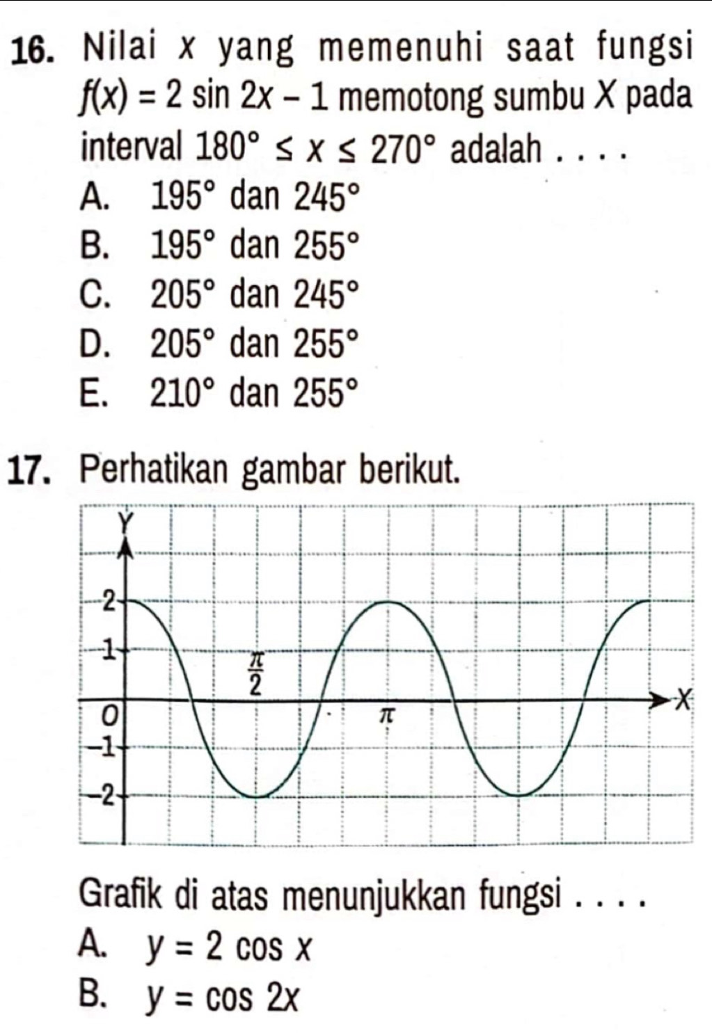 Nilai x yang memenuhi saat fungsi
f(x)=2sin 2x-1 memotong sumbu X pada
interval 180°≤ x≤ 270° adalah . . . .
A. 195° dan 245°
B. 195° dan 255°
C. 205° dan 245°
D. 205° dan 255°
E. 210° dan 255°
17. Perhatikan gambar berikut.
Grafik di atas menunjukkan fungsi . . . .
A. y=2cos x
B. y=cos 2x