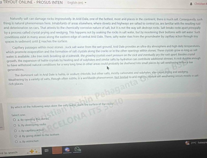 TRYOUT ONLINE - PROSUS INTEN English (en) Christian F
Naturally salt can damage rocks impressively. In Arid Dale, one of the hottest, most arid places in the continent, there is much salt. Consequently, such
thing is natural phenomenon here. Inhabitants of areas elsewhere, where streets and highways are salted to control ice, are familiar with the resulting rust
and deterioration on cars. That attests to the chemically corrosive nature of salt, but it is not the way salt destroys rocks. Salt breaks rocks apart principally
by a process called crystal prying and wedging. This happens not by soaking the rocks in salt water, but by moistening their bottoms with salt water. Such
conditions exist in many areas along the eastern edge of central Arid Dale. There, salty water rises from the groundwater by capillary action through tiny
spaces in sediment until it reaches the surface.
Capillary passages within most stones suck salt water from the wet ground. Arid Dale provides an ultra-dry atmosphere and high dally temperatures.
which promote evaporation and the formation of salt crystals along the cracks or in the other openings within stones. These crystals grow as long as salt
water is available. Like tree roots breaking up a sidewalk, the growing crystals exert pressure on the rock and eventually pry the rock apart. Besides crystal
growth, the expansion of halite crystals by heating and of sulphates and similar salts by hydration can contribute additional stresses. A rock durable enough
to have withstood natural conditions for a very long time in other areas could probably be shattered into small pieces by salt weathering withn a few
generations.
The dominant salt in Arid Dale is halite, or sodium chloride, but other salts, mostly carbonates and sulphates, also cause prying and wedging.
Weathering by a variety of salts, though often subtle, is a worldwide phenomenon. Not limited to arid regions, intense salt weathering occurs mostly in salt
rich places.
By which of the following ways does the salty water reach the surface of the
Select one.
a. By opening the stones
b. By destroying rocks
on
c. By capillary action
d. By going down to the bottom
e. By restriction
31'C So
re to search