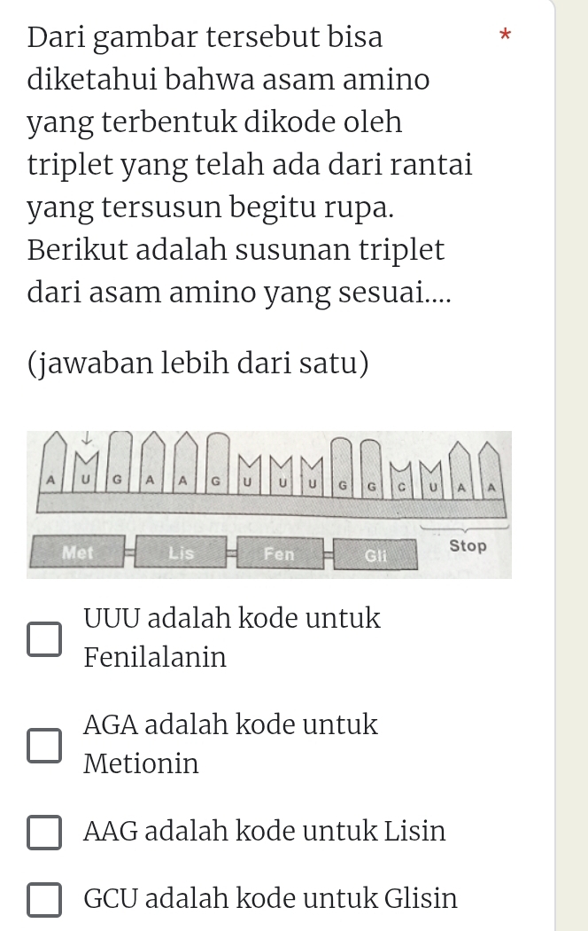 Dari gambar tersebut bisa
*
diketahui bahwa asam amino
yang terbentuk dikode oleh
triplet yang telah ada dari rantai
yang tersusun begitu rupa.
Berikut adalah susunan triplet
dari asam amino yang sesuai....
(jawaban lebih dari satu)
UUU adalah kode untuk
Fenilalanin
AGA adalah kode untuk
Metionin
AAG adalah kode untuk Lisin
GCU adalah kode untuk Glisin