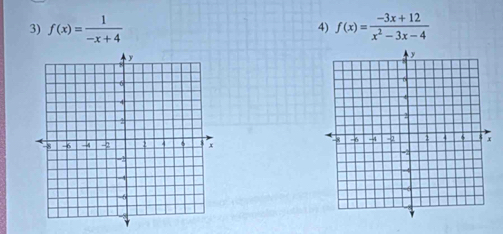 f(x)= 1/-x+4  4) f(x)= (-3x+12)/x^2-3x-4 