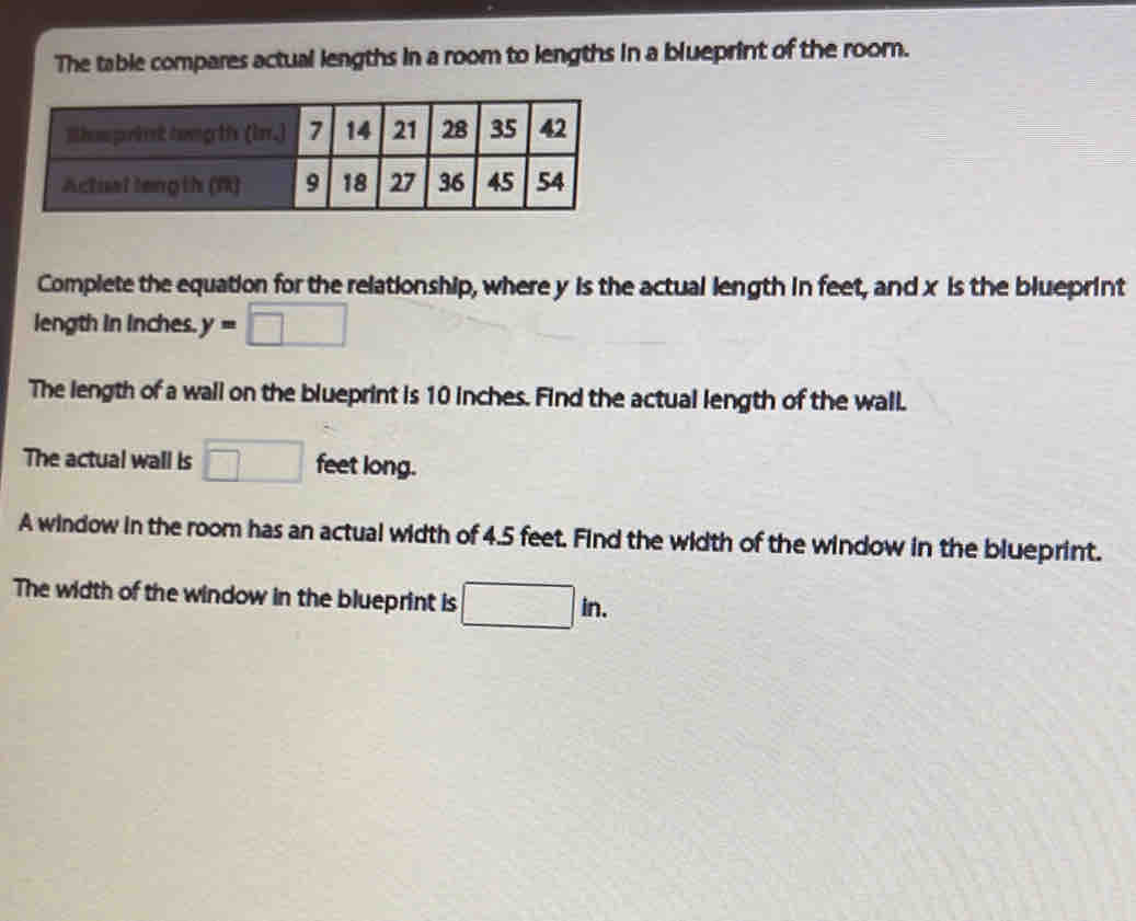 The table compares actual lengths in a room to lengths in a blueprint of the room. 
Complete the equation for the relationship, where y is the actual length in feet, and x is the blueprint 
length in Inches. y=□
The length of a wall on the blueprint is 10 inches. Find the actual length of the wall. 
The actual wall is □ feet long. 
A window in the room has an actual width of 4.5 feet. Find the width of the window in the blueprint. 
The width of the window in the blueprint is □ in.