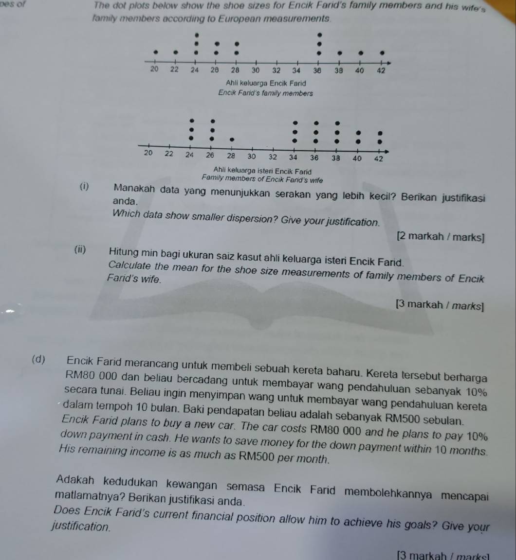 bes of The dot plots below show the shoe sizes for Encik Farid's family members and his wife's 
family members according to European measurements. 
Encik Farid's family members 
Ahli keluarga isteri Encik Farid 
Family members of Encik Farid's wife 
(i) Manakah data yang menunjukkan serakan yang lebih kecil? Berikan justifikasi 
anda. 
Which data show smaller dispersion? Give your justification. 
[2 markah / marks] 
(ii) Hitung min bagi ukuran saiz kasut ahli keluarga isteri Encik Farid. 
Calculate the mean for the shoe size measurements of family members of Encik 
Farid's wife. 
[3 markah / marks] 
(d) Encik Farid merancang untuk membeli sebuah kereta baharu. Kereta tersebut berharga
RM80 000 dan beliau bercadang untuk membayar wang pendahuluan sebanyak 10%
secara tunai. Beliau ingin menyimpan wang untuk membayar wang pendahuluan kereta 
dalam tempoh 10 bulan. Baki pendapatan beliau adalah sebanyak RM500 sebulan. 
Encik Farid plans to buy a new car. The car costs RM80 000 and he plans to pay 10%
down payment in cash. He wants to save money for the down payment within 10 months. 
His remaining income is as much as RM500 per month. 
Adakah kedudukan kewangan semasa Encik Farid membolehkannya mencapai 
matlamatnya? Berikan justifikasi anda. 
Does Encik Farid's current financial position allow him to achieve his goals? Give your 
justification. 
3 markah / marks