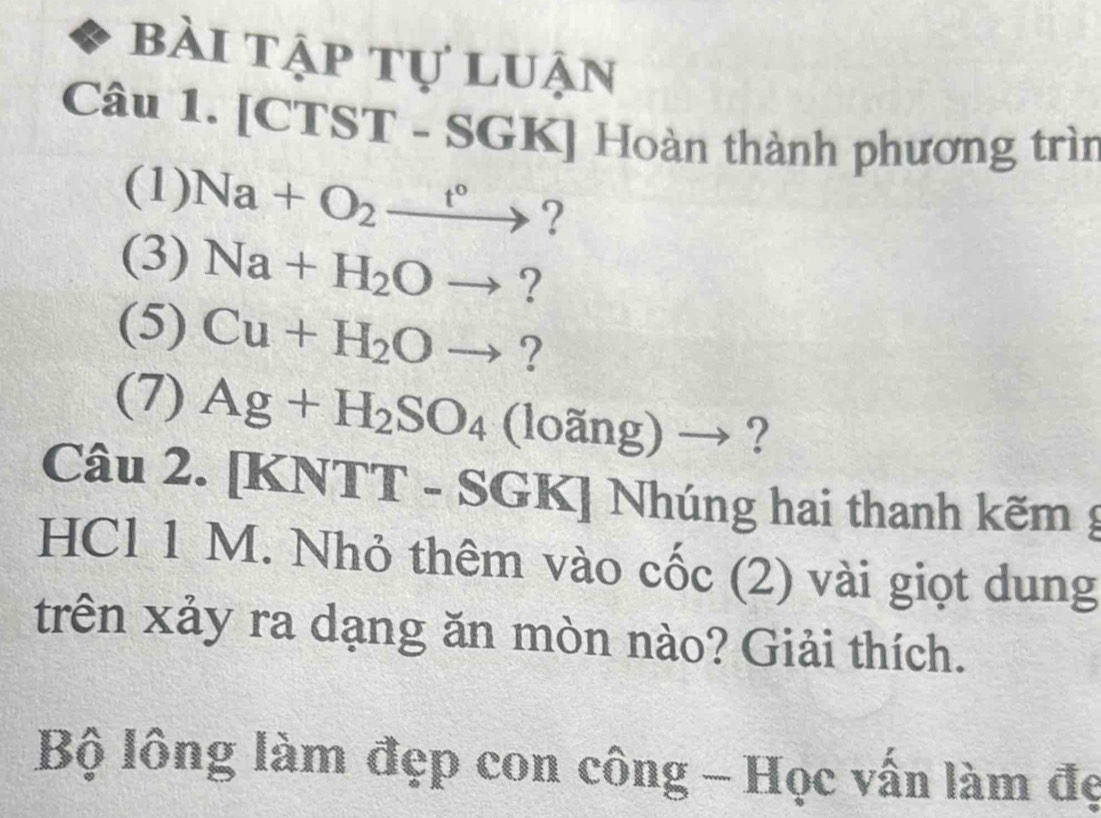 bài tập tự luận 
Câu 1. [CTST - SGK] Hoàn thành phương trìn 
(1) Na+O_2xrightarrow t° ? 
(3) Na+H_2Oto ? 
(5) Cu+H_2Oto! 
(7) Ag+H_2SO_4(loang)to ? 
Câu 2. [KNTT - SG] □ Nhúng hai thanh kẽm ; 
HCl 1 M. Nhỏ thêm vào cốc (2) vài giọt dung 
trên xảy ra dạng ăn mòn nào? Giải thích. 
Bộ lông làm đẹp con công - Học vấn làm đẹ