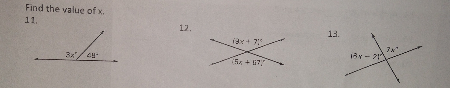 Find the value of x.
11.
12.
13.