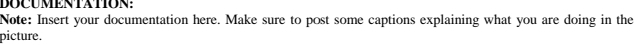 DOCUMENTATION: 
Note: Insert your documentation here. Make sure to post some captions explaining what you are doing in the 
picture.