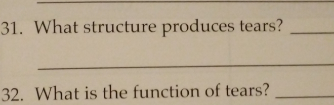 What structure produces tears?_ 
_ 
32. What is the function of tears?_