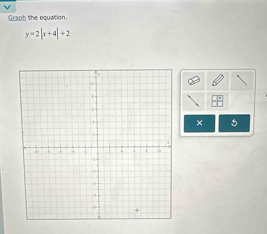 Graph the equation.
y=2|x+4|+2
×