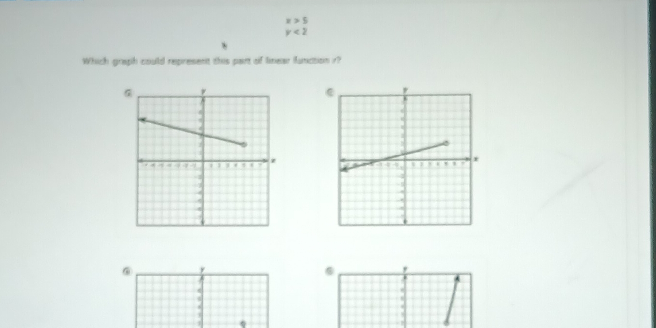 x>5
y<2</tex> 
Which graph could represent this part of lnear function ir? 

, 
*
2