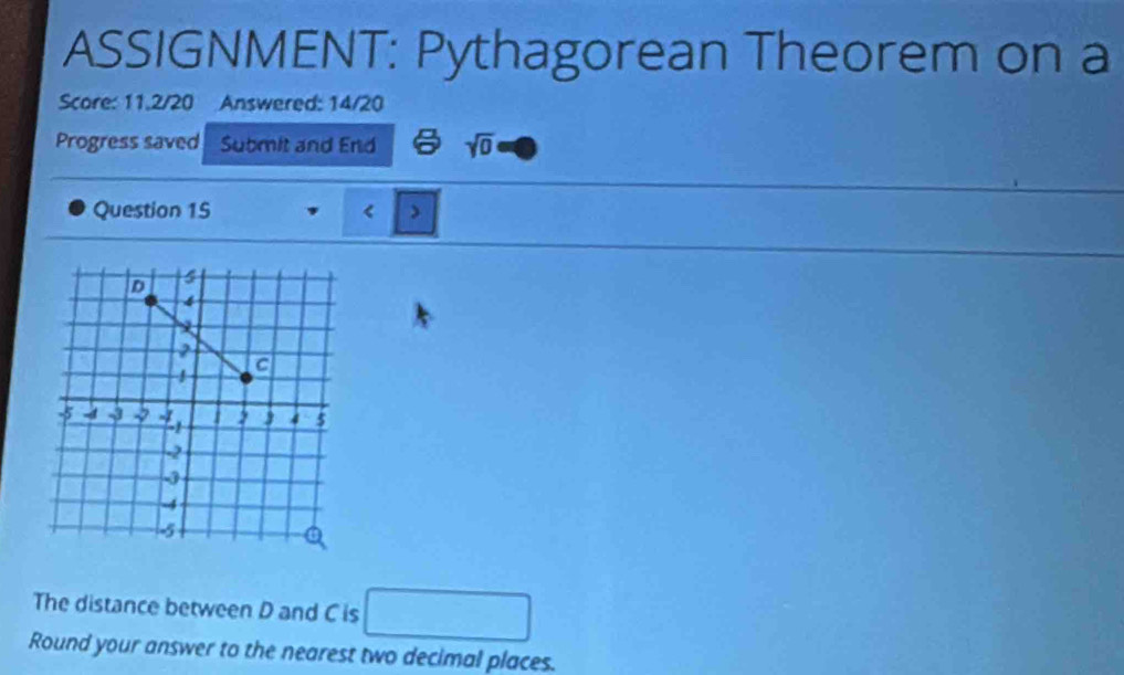 ASSIGNMENT: Pythagorean Theorem on a 
Score: 11.2/20 Answered: 14/20 
Progress saved Submit and End sqrt(0) 
Question 15 < 
The distance between  D and C is □ 
Round your answer to the nearest two decimal places.