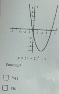 ×
y=(x-2)^2-5
Function?
Yes
No