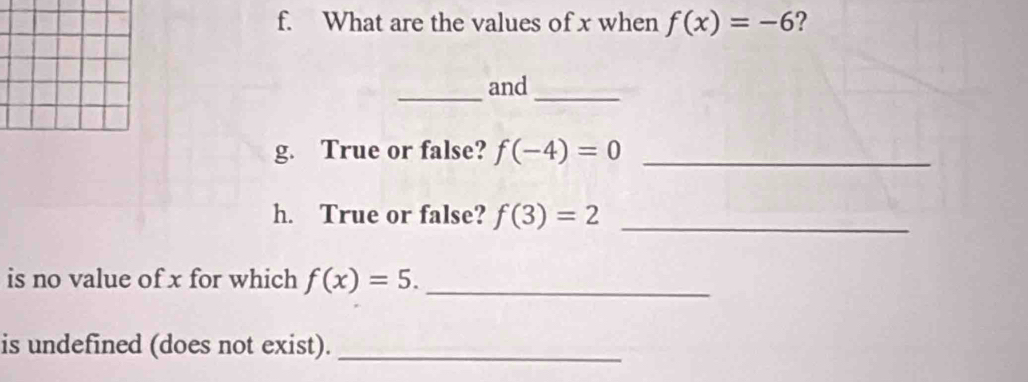 What are the values of x when f(x)=-6 ? 
_and_ 
g. True or false? f(-4)=0 _ 
h. True or false? f(3)=2 _ 
is no value of x for which f(x)=5. _ 
is undefined (does not exist)._