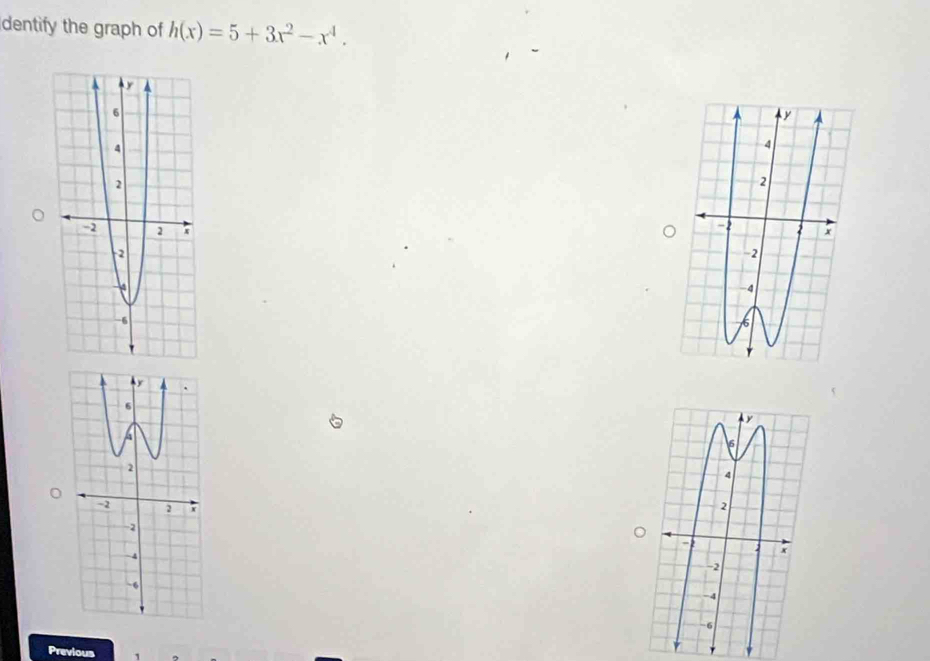 dentify the graph of h(x)=5+3x^2-x^4. 

Previous