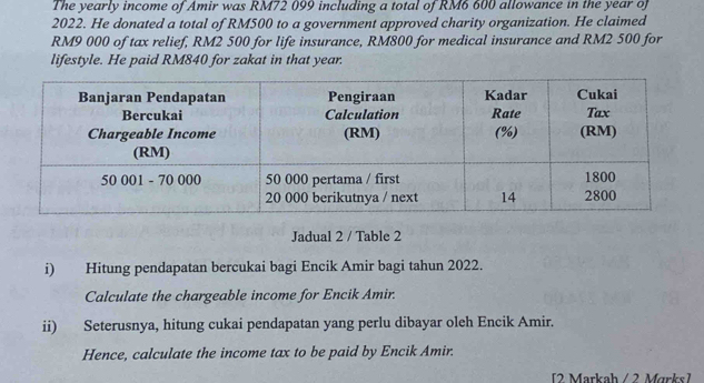 The yearly income of Amir was RM72 099 including a total of RM6 600 allowance in the year of
2022. He donated a total of RM500 to a government approved charity organization. He claimed
RM9 000 of tax relief, RM2 500 for life insurance, RM800 for medical insurance and RM2 500 for 
lifestyle. He paid RM840 for zakat in that year. 
Jadual 2 / Table 2 
i) Hitung pendapatan bercukai bagi Encik Amir bagi tahun 2022. 
Calculate the chargeable income for Encik Amir. 
ii) Seterusnya, hitung cukai pendapatan yang perlu dibayar oleh Encik Amir. 
Hence, calculate the income tax to be paid by Encik Amir. 
2 Markah / 2 Marks1