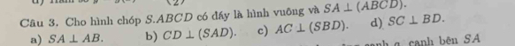 Cho hình chóp S. ABCD có đấy là hình vuông và SA⊥ (ABCD).
a) SA⊥ AB. b) CD⊥ (SAD). c) AC⊥ (SBD). d) SC⊥ BD. 
nhg canh bên SA