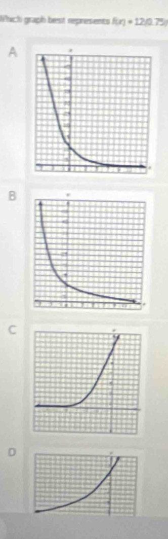 Wich graph best represents f(x)=12(0.75)
A 
B 
C 
D