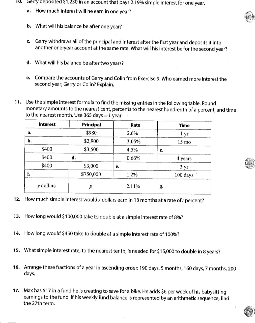 Gerry deposited $1,230 in an account that pays 2.19% simple interest for one year. 
a. How much interest will he earn in one year? 
b. What will his balance be after one year? 
c. Gerry withdraws all of the principal and interest after the first year and deposits it into 
another one-year account at the same rate. What will his interest be for the second year? 
d. What will his balance be after two years? 
e. Compare the accounts of Gerry and Colin from Exercise 9. Who earned more interest the 
second year, Gerry or Colin? Explain. 
11. Use the simple interest formula to find the missing entries in the following table. Round 
monetary amounts to the nearest cent, percents to the nearest hundredth of a percent, and time 
to the nearest month. Use 365days=1 year. 
12. How much simple interest would x dollars earn in 13 months at a rate of r percent? 
13. How long would $100,000 take to double at a simple interest rate of 8%? 
14. How long would $450 take to double at a simple interest rate of 100%? 
15. What simple interest rate, to the nearest tenth, is needed for $15,000 to double in 8 years? 
16. Arrange these fractions of a year in ascending order: 190 days, 5 months, 160 days, 7 months, 200
days. 
17. Max has $17 in a fund he is creating to save for a bike. He adds $6 per week of his babysitting 
earnings to the fund. If his weekly fund balance is represented by an arithmetic sequence, find 
the 27th term.