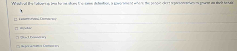 Which of the following two terms share the same definition, a government where the people elect representatives to govern on their behalf.
Constitutional Democracy
Republic
Direct Democracy
Representative Democracy