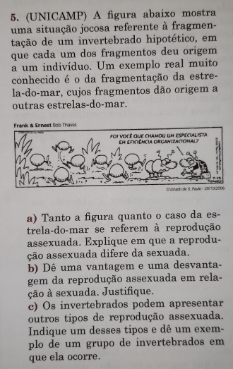 (UNICAMP) A figura abaixo mostra 
uma situação jocosa referente à fragmen- 
tação de um invertebrado hipotético, em 
que cada um dos fragmentos deu origem 
a um indivíduo. Um exemplo real muito 
conhecido é o da fragmentação da estre- 
la-do-mar, cujos fragmentos dão origem a 
outras estrelas-do-mar. 
a) Tanto a figura quanto o caso da es- 
trela-do-mar se referem à reprodução 
assexuada. Explique em que a reprodu- 
ção assexuada difere da sexuada. 
b) Dê uma vantagem e uma desvanta- 
gem da reprodução assexuada em rela- 
ção à sexuada. Justifique. 
c) Os invertebrados podem apresentar 
outros tipos de reprodução assexuada. 
Indique um desses tipos e dê um exem- 
plo de um grupo de invertebrados em 
que ela ocorre.