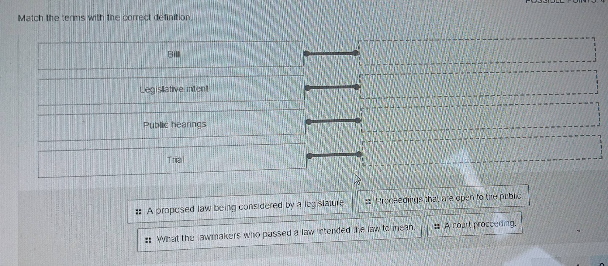 Match the terms with the correct definition.
Bill
Legislative intent
Public hearings
Trial
A proposed law being considered by a legislature : Proceedings that are open to the public.
What the lawmakers who passed a law intended the law to mean. A court proceeding.