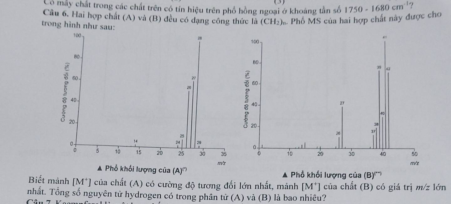 (3) 
Có mây chất trong các chất trên có tín hiệu trên phố hồng ngoại ở khoảng tần số 1750-1680cm^(-1) ? 
Cầu 6, Hai hợp chất (A) và (B) đều có dạng công thức là (CH_2)_n 4. Phố MS của hai hợp chất này được cho 
trong hình như sau:
100 28 41
100
80
80
39 42
60
27
60
26
40
40
21
20
20
40
38
25
26 37|
14
24 29
0
5 10 15 20 25 30 35 10 20 30 40 50
m/z m/z
▲ Phổ khối lượng của (A)''' 
▲ Phổ khối lượng của (B)^(^) 
Biết mành [M^+ 1 của chất (A) có cường độ tương đối lớn nhất, mảnh [M^+ ] của chất (B) có giá trị m/z lớn 
nhất. Tổng số nguyên tử hydrogen có trong phân tử (A) và (B) là bao nhiêu?