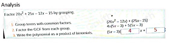 Solved: Factor 20x^2+25x-12x-15 by grouping. 1. Group terms with common ...