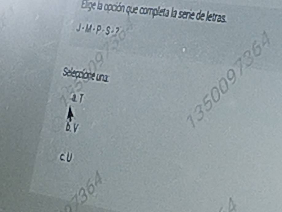 Elige la opción que completa la serie de letras
J·M·P-S
Seleccione una
f
by
cU