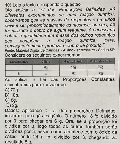 Leia o texto e responda à questão.
"Ao aplicar a Lei das Proporções Definidas em
diferentes experimentos de uma reação química,
observamos que as massas de reagentes e produtos
devem ser proporcionalmente as mesmas, ou seja, se
for utilizado o dobro de algum reagente, é necessário
dobrar a quantidade em massa dos outros reagentes
que compõem a reação química, para,
consequentemente, produzir o dobro de produto.”
Fonte: Material Digital de Ciências -9° ano -1° bimestre - Seduc-SP
Considere os seguintes experimentos:
Ao aplicar a Lei das Proporções Constantes,
encontramos para x o valor de
A) 72g.
B) 18g.
C) 8g.
D) 2g.
Dados: Aplicando a Lei das proporções Definidas,
iniciamos pelo gás oxigênio. O número 18 foi dividido
por 3 para chegar em 6 g. Ora, se a proporção foi
dividida por 3, logo todas as outras também serão
divididas por 3, assim como acontece com o óxido de
cálcio, onde 24 g foi dividido por 3, chegando ao
resultado 8 q.