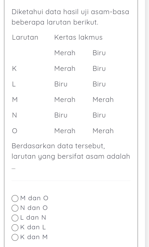 a
Berdasarkan data tersebut,
larutan yang bersifat asam adalah
M dan O
N dan O
L dan N
K dan L
K dan M