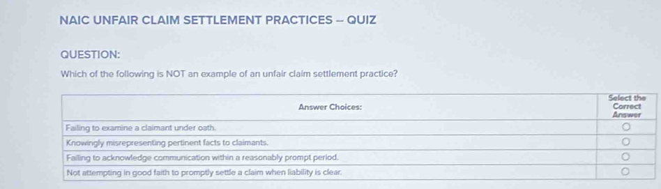 Solved: NAIC UNFAIR CLAIM SETTLEMENT PRACTICES - QUIZ QUESTION: Which ...