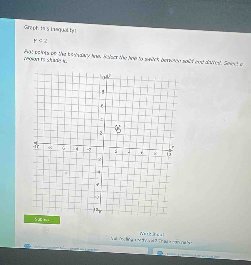 Graph this inequality:
y<2</tex> 
Plot points on the boundary line. Select the line to switch between solid and dotted. Select a 
region to shade it. 
Work it out 
Not feeling ready yet? These can help: 
Slope-intercent farm: graph an eqsation Graph a horizontal or verical line