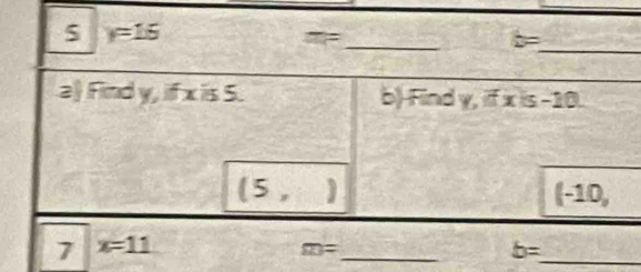 5 y=15
_ 
_
b=
a Find y, if x is 5. b)-Find y, if x is -10. 
(5 , (-10, 
_ 
_ 
7 x=11
m=
b=