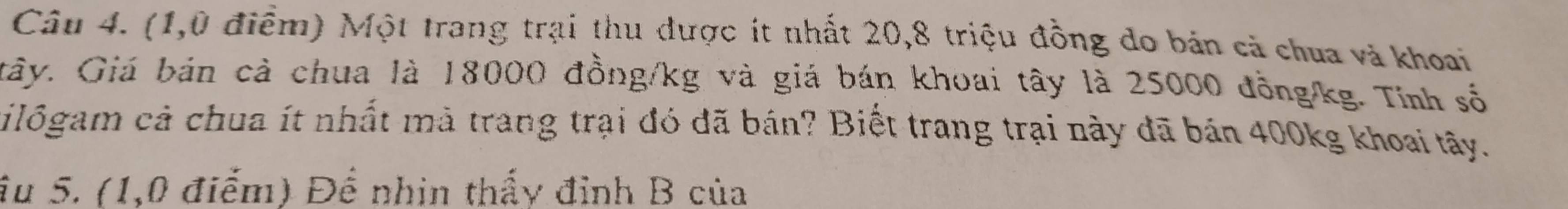 (1,0 điểm) Một trang trại thu được ít nhất 20,8 triệu đồng do bán cả chua và khoai 
tây. Giá bán cả chua là 18000 đồng/kg và giá bán khoai tây là 25000 đồng /kg. Tính số 
ilôgam cả chua ít nhất mả trang trại đó đã bán? Biết trang trại này đã bán 400kg khoai tây. 
âu 5. (1,0 điểm) Để nhin thấy đỉnh B của
