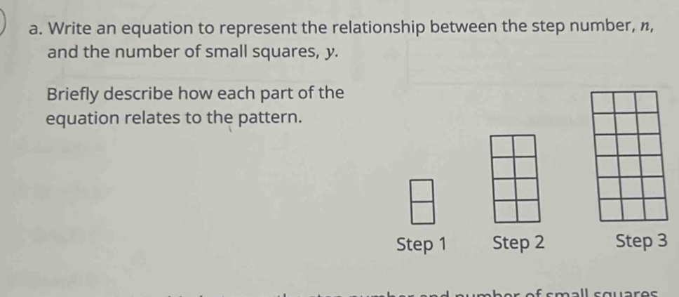 Write an equation to represent the relationship between the step number, n, 
and the number of small squares, y. 
Briefly describe how each part of the 
equation relates to the pattern. 
Step 1 Step 2 Step 3