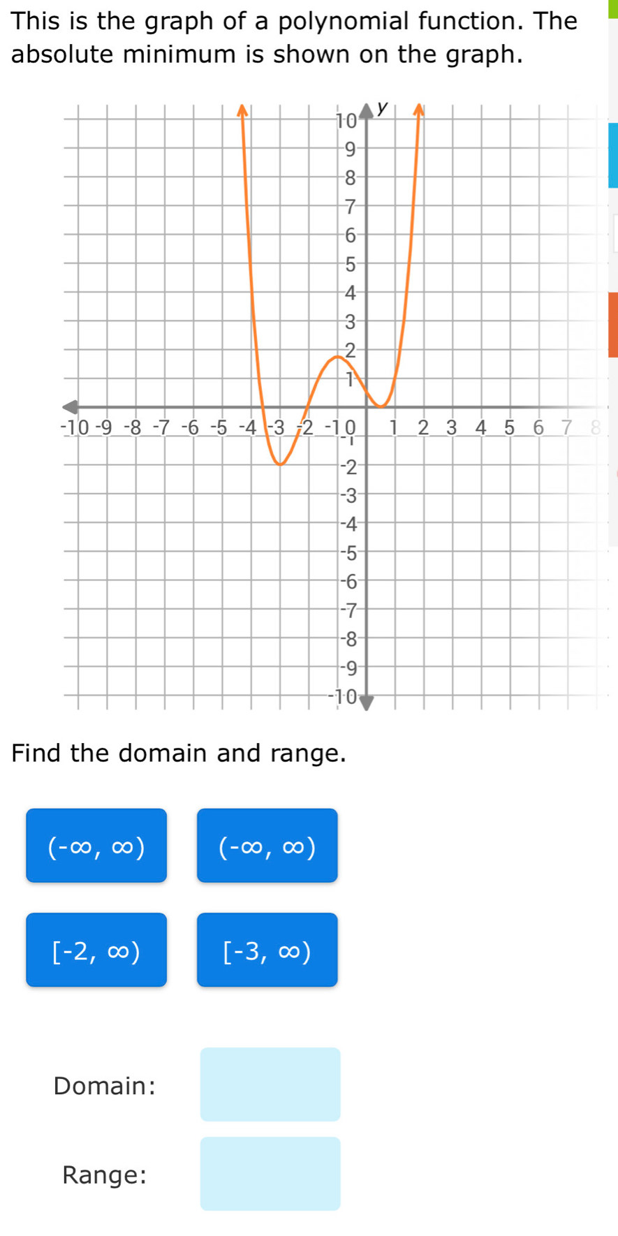 This is the graph of a polynomial function. The 
absolute minimum is shown on the graph. 
8 
Find the domain and range.
(-∈fty ,∈fty ) (-∈fty ,∈fty )
[-2,∈fty )
[-3,∈fty )
Domain: 
Range: