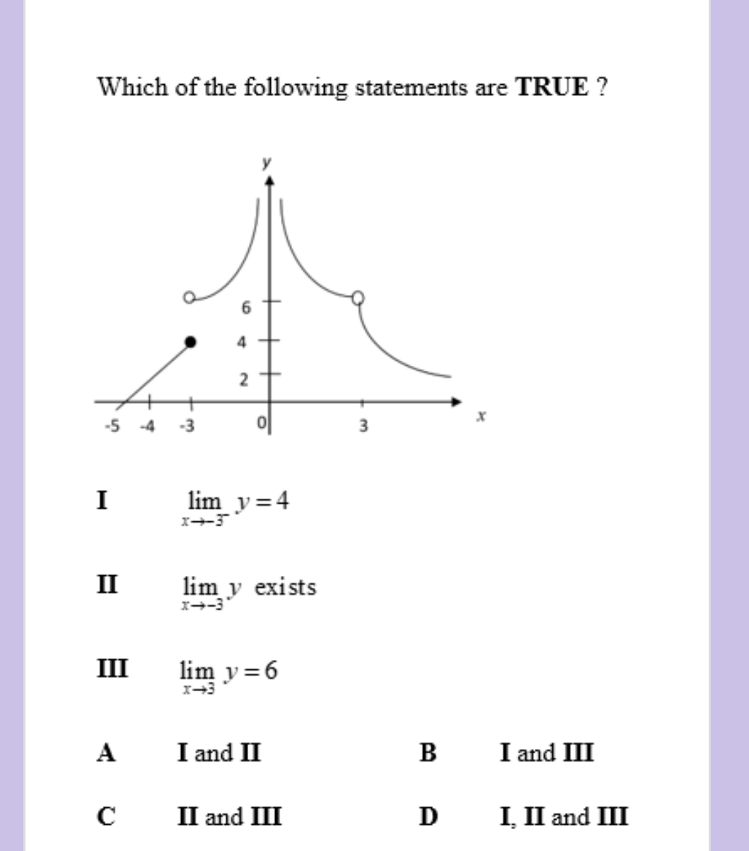 Which of the following statements are TRUE ?
I limlimits _xto -3^-y=4
II limlimits _xto -3y exists
III limlimits _xto 3y=6
A I and II B I and III
C II and III D₹ I, II and III