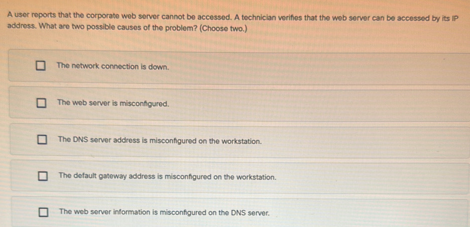 Solved: A user reports that the corporate web server cannot be accessed ...