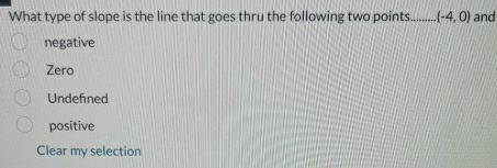 What type of slope is the line that goes thru the following two points_ (-4,0) and
negative
Zero
Undefned
positive
Clear my selection