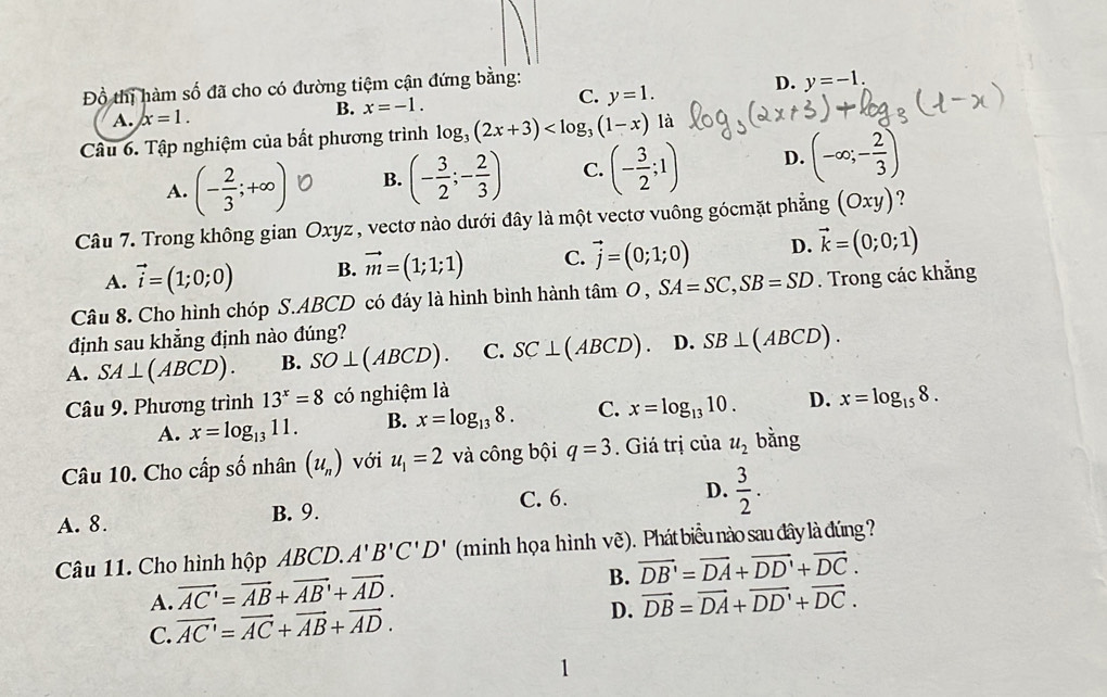 Đồ thị hàm số đã cho có đường tiệm cận đứng bằng:
D. y=-1.
A. x=1.
B. x=-1. C. y=1.
Câu 6. Tập nghiệm của bất phương trình log _3(2x+3)
A. (- 2/3 ;+∈fty ) B. (- 3/2 ;- 2/3 ) C. (- 3/2 ;1) D. (-∈fty ;- 2/3 )
Câu 7. Trong không gian Oxyz, vectơ nào dưới đây là một vectơ vuông gócmặt phẳng (Oxy) ?
A. vector i=(1;0;0) B. vector m=(1;1;1) C. vector j=(0;1;0) D. vector k=(0;0;1)
Câu 8. Cho hình chóp S.ABCD có đáy là hình bình hành tâm 0 , SA=SC,SB=SD. Trong các khẳng
định sau khẳng định nào đúng?
A. SA⊥ (ABCD). B. SO⊥ (ABCD). C. SC⊥ (ABCD). D. SB⊥ (ABCD).
Câu 9. Phương trình 13^x=8 có nghiệm là
A. x=log _1311. B. x=log _138. C. x=log _1310. D. x=log _158.
Câu 10. Cho cấp số nhân (u_n) với u_1=2 và công bội q=3. Giá trị ciau_2 bằng
A. 8. B. 9. C. 6. D.  3/2 .
Câu 11. Cho hình hộp ABCD. A'B'C'D' (minh họa hình vwidehat e) 1. Phát biểu nào sau đây là đúng 
B. vector DB'=vector DA+vector DD'+vector DC.
A. vector AC'=vector AB+vector AB'+vector AD. vector DB=vector DA+vector DD'+vector DC.
C. vector AC'=vector AC+vector AB+vector AD.
D.
1