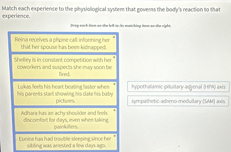 Match each experience to the physiological system that governs the body’s reaction to that
experience.
Drag each item on the left to its matching item on the right.
Reina receives a phone call informing her
that her spouse has been kidnapped.
Shelley is in constant competition with her *
coworkers and suspects she may soon be
fired.
Lukas feels his heart beating faster when * hypothalamic-pituitary-adrenal (HPA) axis
his parents start showing his date his baby
pictures. sympathetic-adreno-medullary (SAM) axis
Adhara has an achy shoulder and feels *
discomfort for days, even when taking
painkillers.
Eunice has had trouble sleeping since her 
sibling was arrested a few days ago.