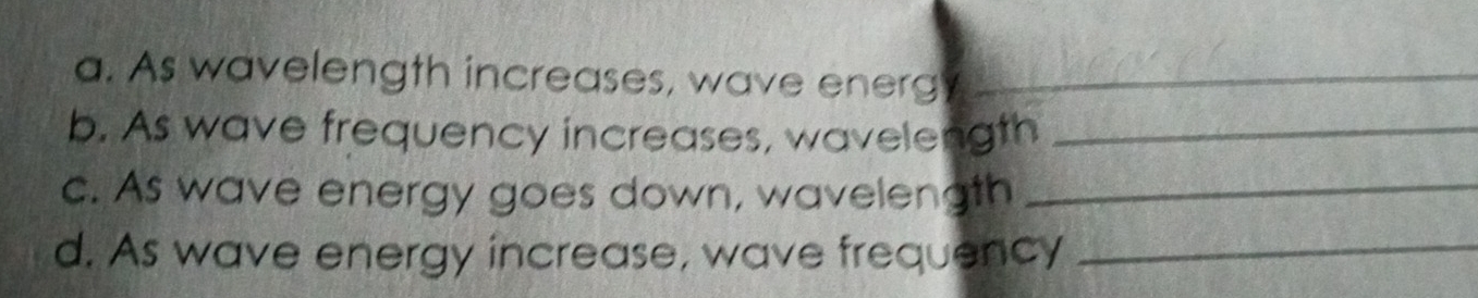 Solved: As wavelength increases, wave energ_ b. As wave frequency ...
